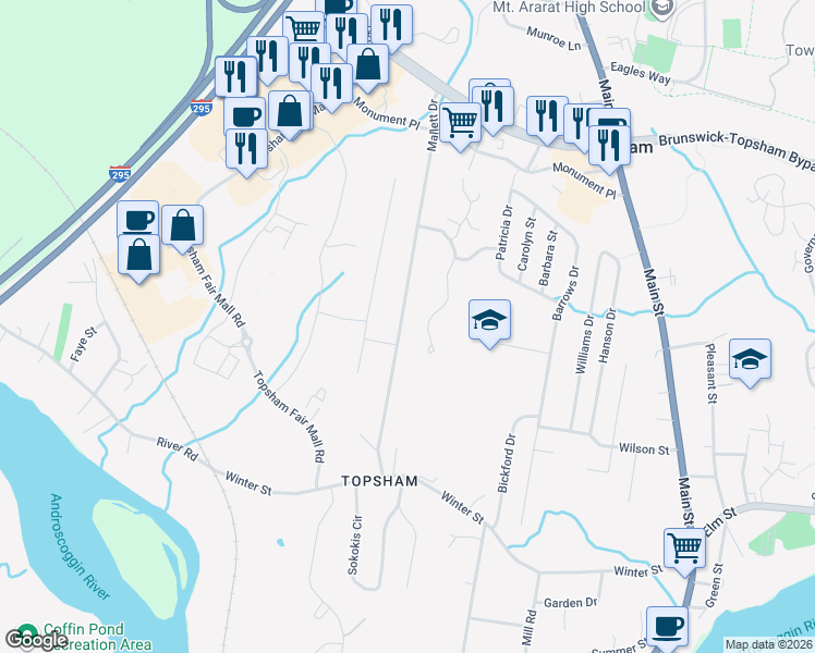 map of restaurants, bars, coffee shops, grocery stores, and more near 29 Mallett Drive in Topsham