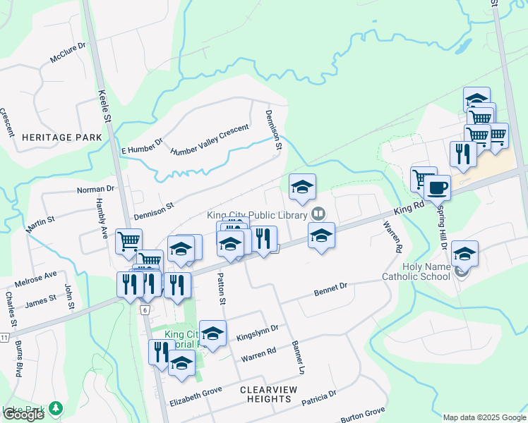 map of restaurants, bars, coffee shops, grocery stores, and more near 210 Dew Street in King City