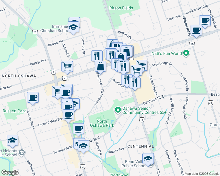 map of restaurants, bars, coffee shops, grocery stores, and more near 191 Nonquon Road in Oshawa