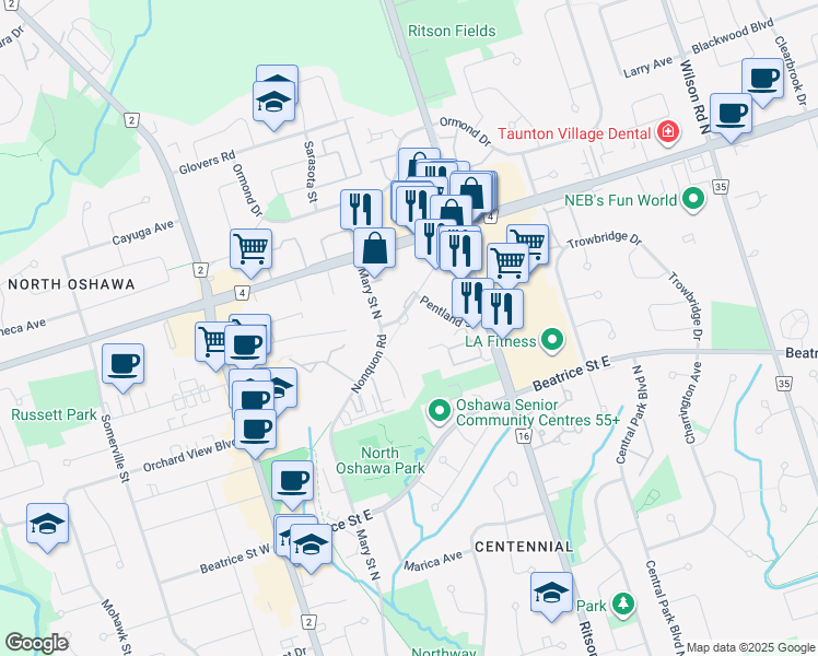 map of restaurants, bars, coffee shops, grocery stores, and more near 191 Nonquon Road in Oshawa