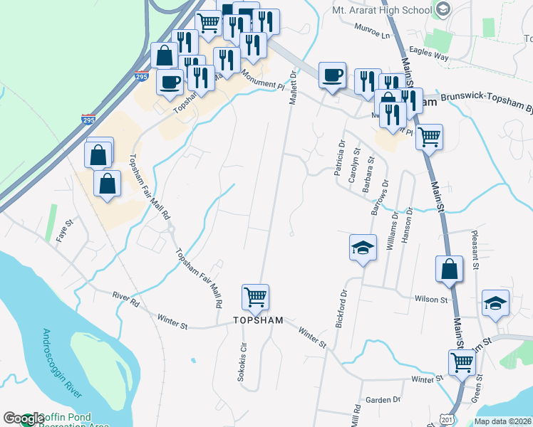 map of restaurants, bars, coffee shops, grocery stores, and more near 29 Mallett Drive in Topsham