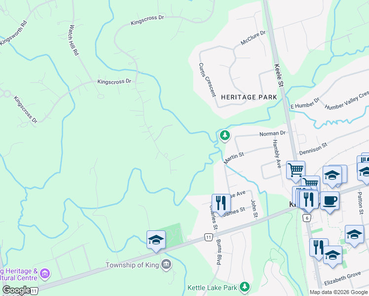 map of restaurants, bars, coffee shops, grocery stores, and more near 111 Manitou Drive in King City