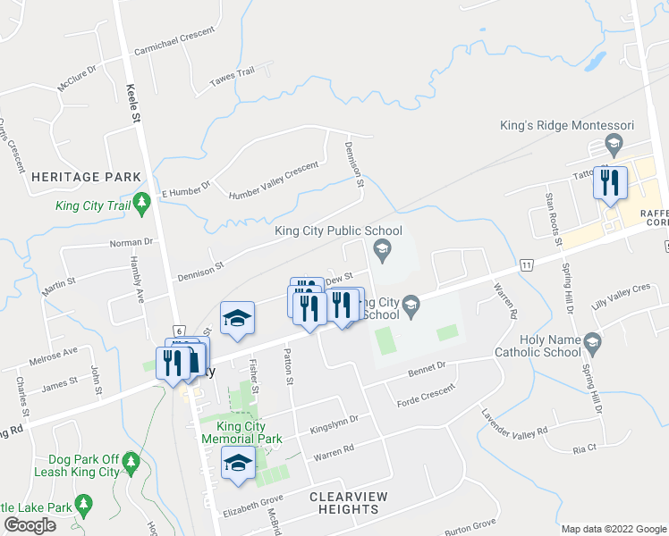 map of restaurants, bars, coffee shops, grocery stores, and more near 210 Dew Street in King City