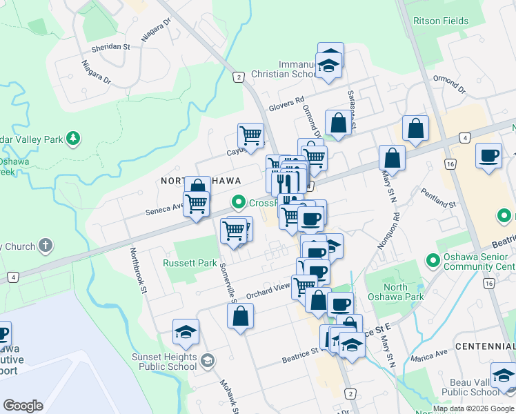 map of restaurants, bars, coffee shops, grocery stores, and more near 43 Taunton Road East in Oshawa