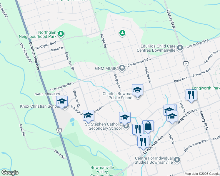 map of restaurants, bars, coffee shops, grocery stores, and more near 27 Hockley Avenue in Clarington