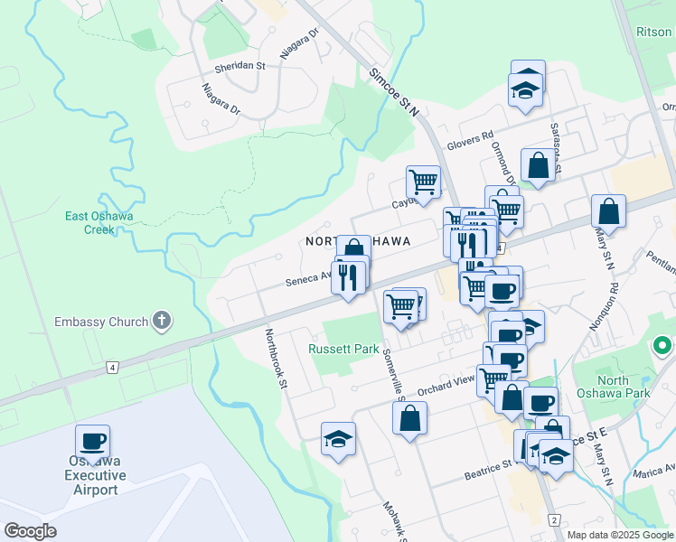 map of restaurants, bars, coffee shops, grocery stores, and more near Seneca Avenue in Oshawa