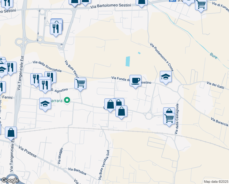 map of restaurants, bars, coffee shops, grocery stores, and more near Via Raffaele Lambruschini in Pistoia