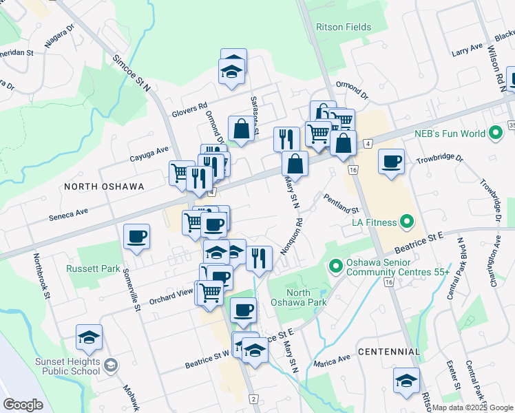 map of restaurants, bars, coffee shops, grocery stores, and more near 111 Taunton Road East in Oshawa