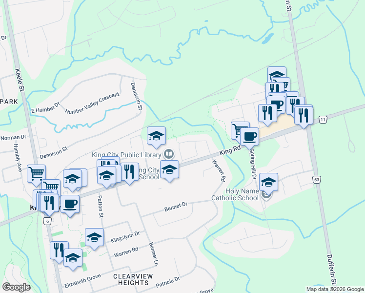 map of restaurants, bars, coffee shops, grocery stores, and more near 67 Alex Campbell Crescent in King City