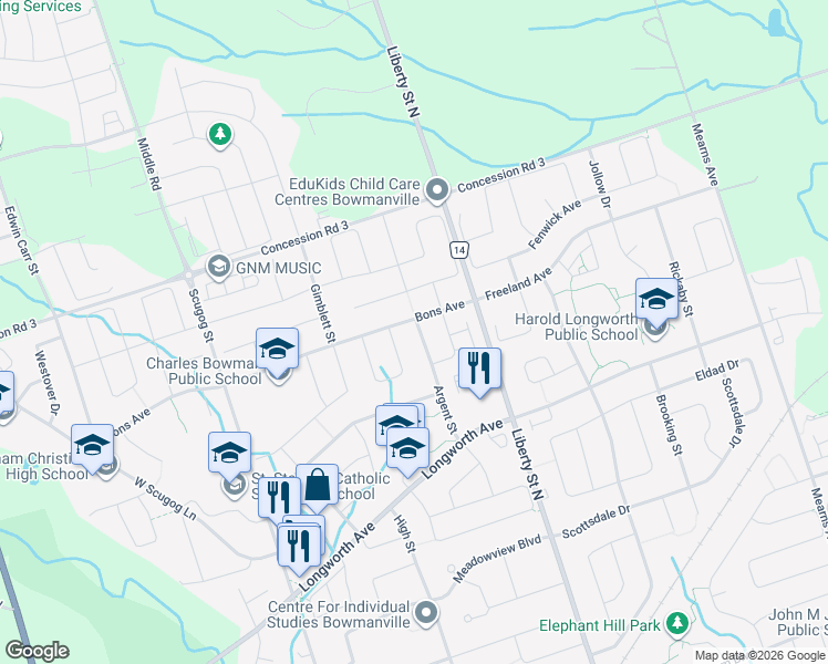 map of restaurants, bars, coffee shops, grocery stores, and more near 146 Argent Street in Bowmanville