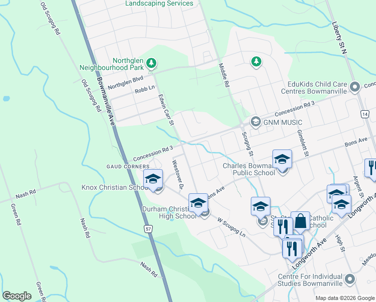 map of restaurants, bars, coffee shops, grocery stores, and more near 481 West Scugog Lane in Bowmanville