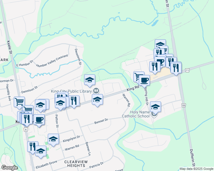 map of restaurants, bars, coffee shops, grocery stores, and more near 61 Alex Campbell Crescent in King City