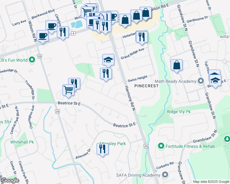 map of restaurants, bars, coffee shops, grocery stores, and more near 759 Greystone Court in Oshawa