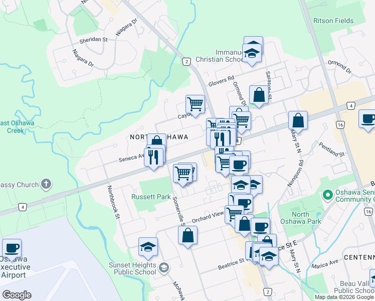 map of restaurants, bars, coffee shops, grocery stores, and more near 79 Taunton Road West in Oshawa