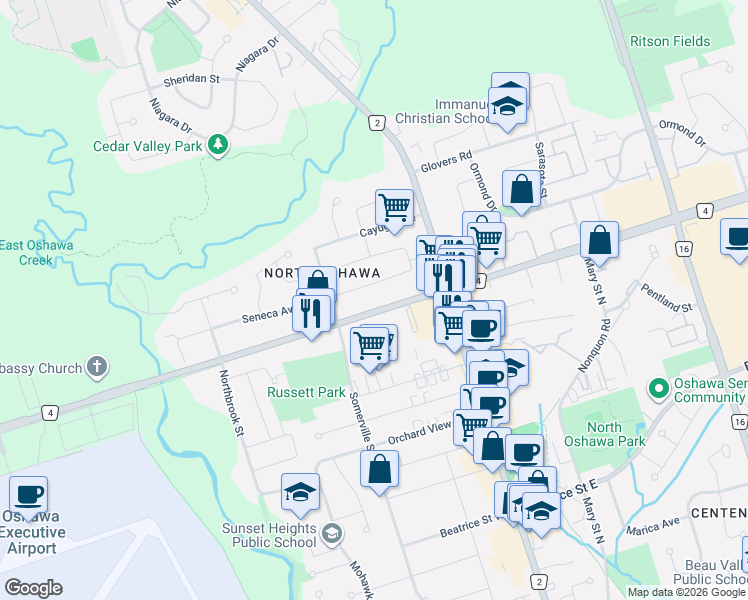 map of restaurants, bars, coffee shops, grocery stores, and more near 79 Taunton Road West in Oshawa