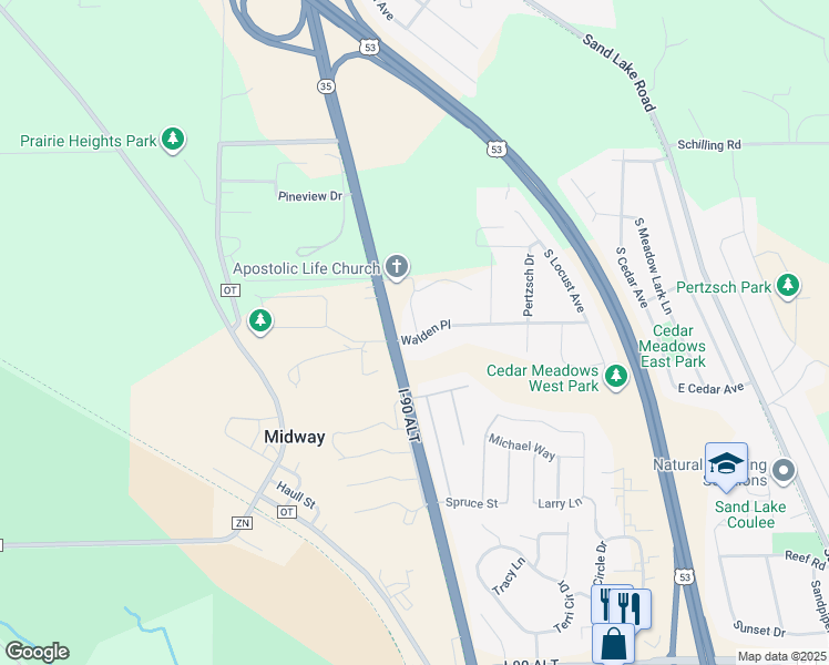 map of restaurants, bars, coffee shops, grocery stores, and more near 108 Walden Place in Onalaska