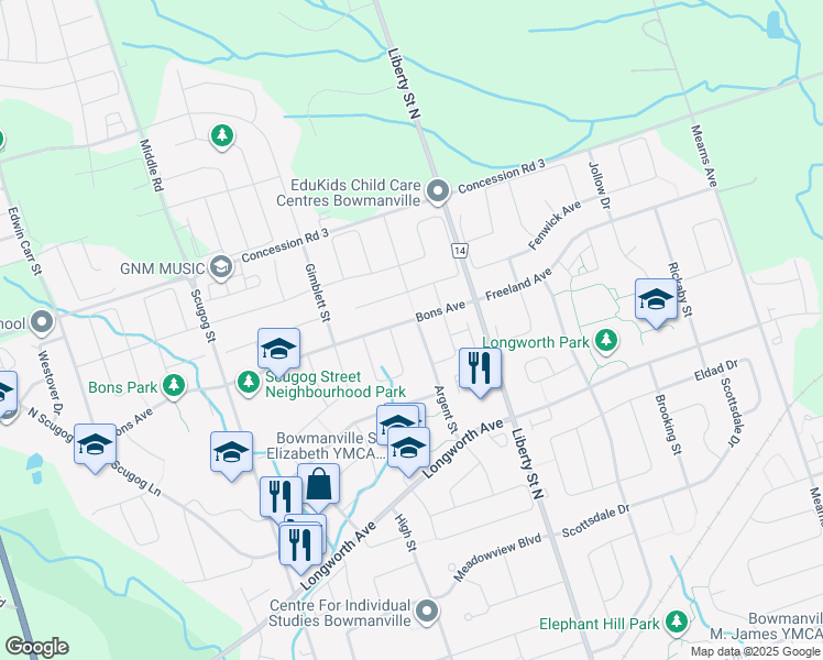 map of restaurants, bars, coffee shops, grocery stores, and more near 150 Argent Street in Bowmanville