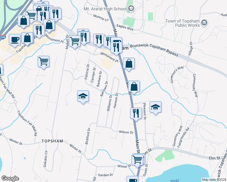 map of restaurants, bars, coffee shops, grocery stores, and more near 21 Williams Drive in Topsham