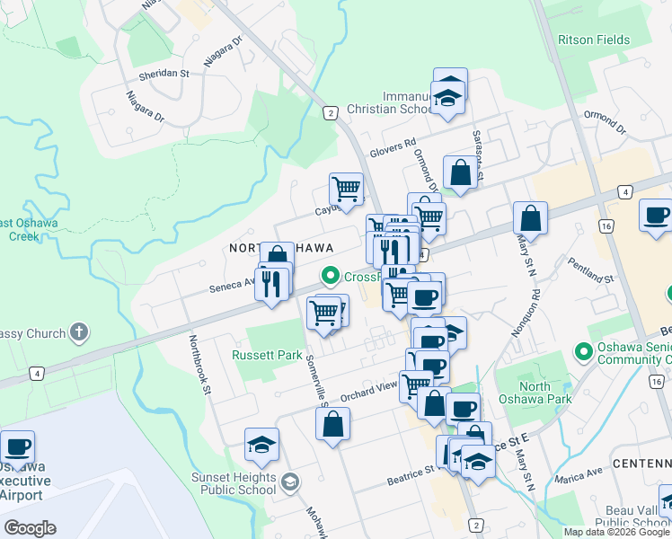 map of restaurants, bars, coffee shops, grocery stores, and more near 79 Taunton Road West in Oshawa