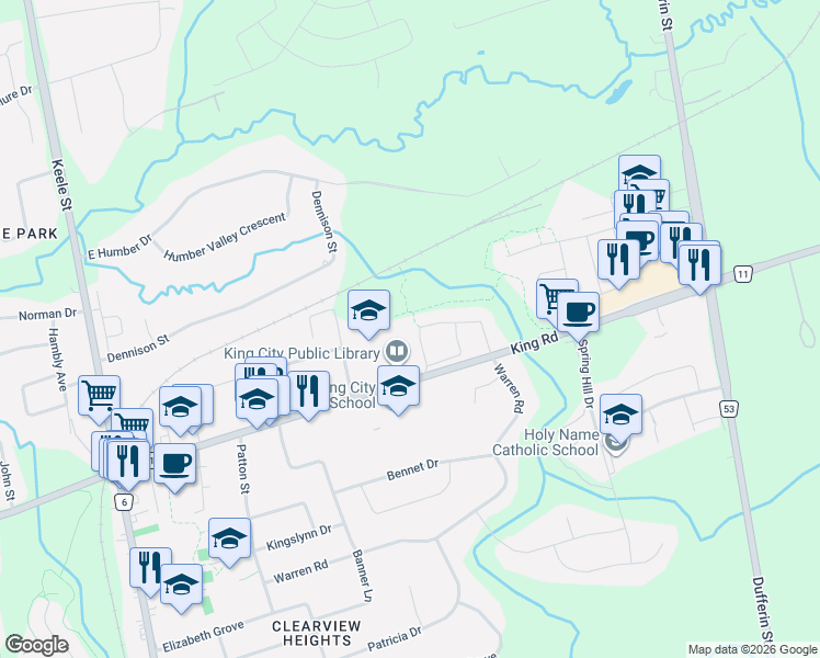 map of restaurants, bars, coffee shops, grocery stores, and more near 98 Alex Campbell Crescent in King City