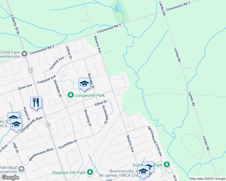 map of restaurants, bars, coffee shops, grocery stores, and more near Longworth Avenue & Mearns Avenue in Bowmanville