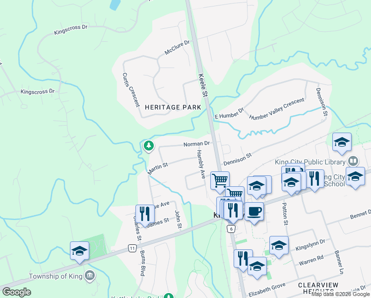 map of restaurants, bars, coffee shops, grocery stores, and more near 65 Norman Drive in King City