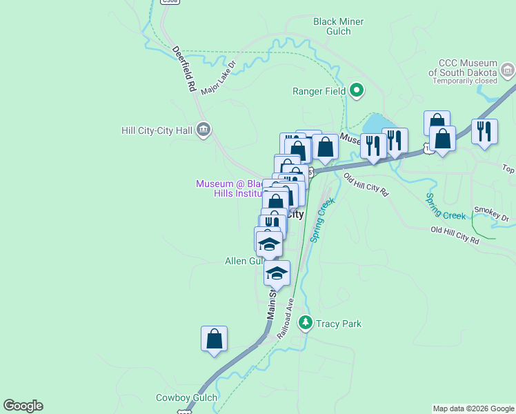 map of restaurants, bars, coffee shops, grocery stores, and more near 149 Pine Avenue in Hill City