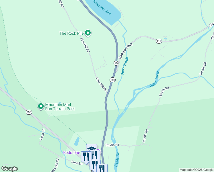 map of restaurants, bars, coffee shops, grocery stores, and more near Pine Hill Rd in Warren