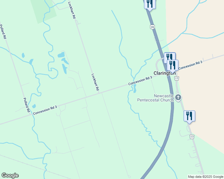 map of restaurants, bars, coffee shops, grocery stores, and more near 3418 Concession Road 3 in Newcastle