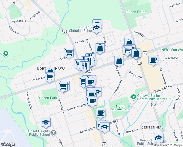 map of restaurants, bars, coffee shops, grocery stores, and more near 33 Taunton Road East in Oshawa