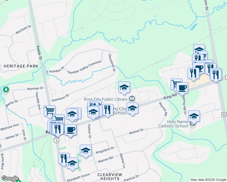 map of restaurants, bars, coffee shops, grocery stores, and more near 10 King Boulevard in King City