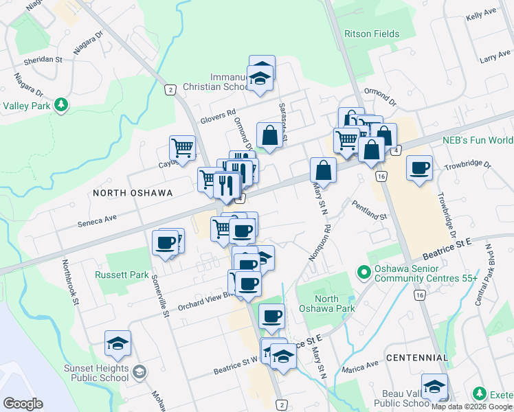 map of restaurants, bars, coffee shops, grocery stores, and more near 43 Taunton Road East in Oshawa