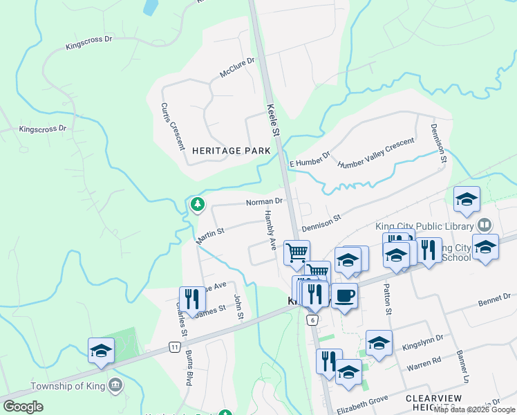 map of restaurants, bars, coffee shops, grocery stores, and more near 49 Norman Drive in King City