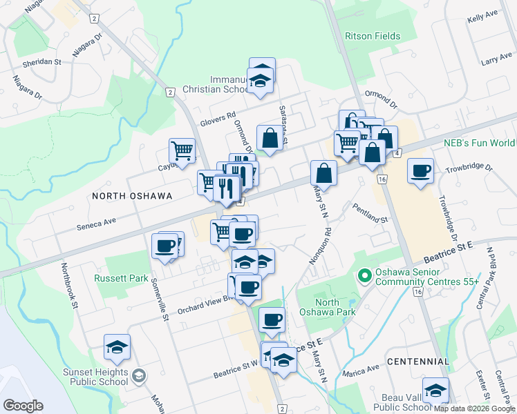 map of restaurants, bars, coffee shops, grocery stores, and more near in Oshawa