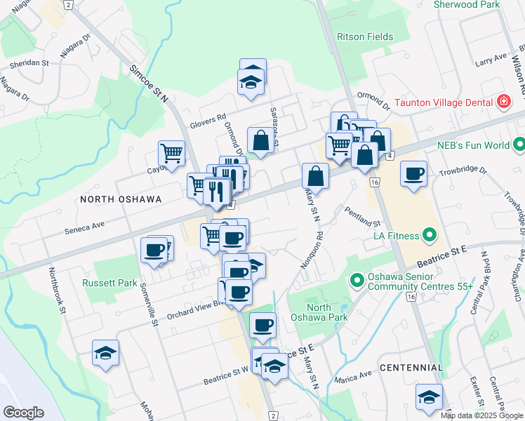 map of restaurants, bars, coffee shops, grocery stores, and more near 53 Taunton Road East in Oshawa