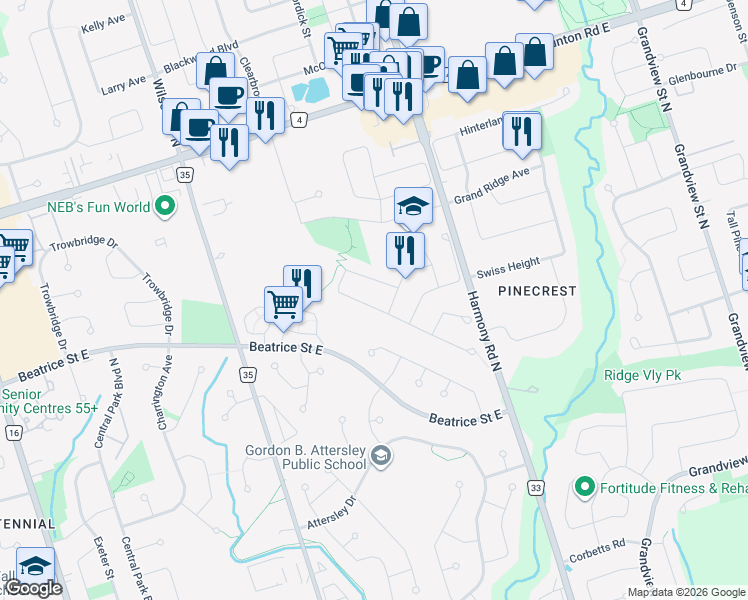 map of restaurants, bars, coffee shops, grocery stores, and more near 690 Brasswinds Trail in Oshawa
