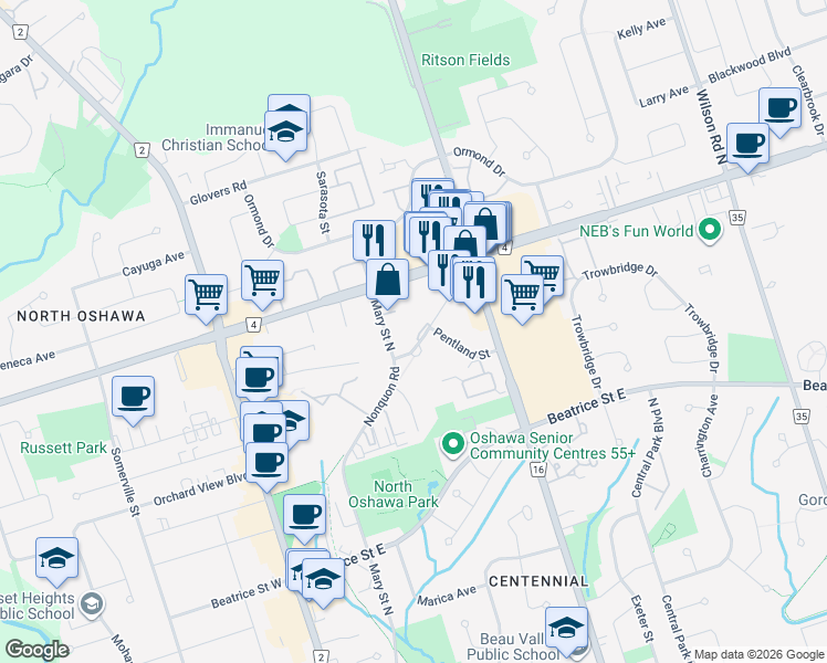 map of restaurants, bars, coffee shops, grocery stores, and more near 190 Nonquon Road in Oshawa