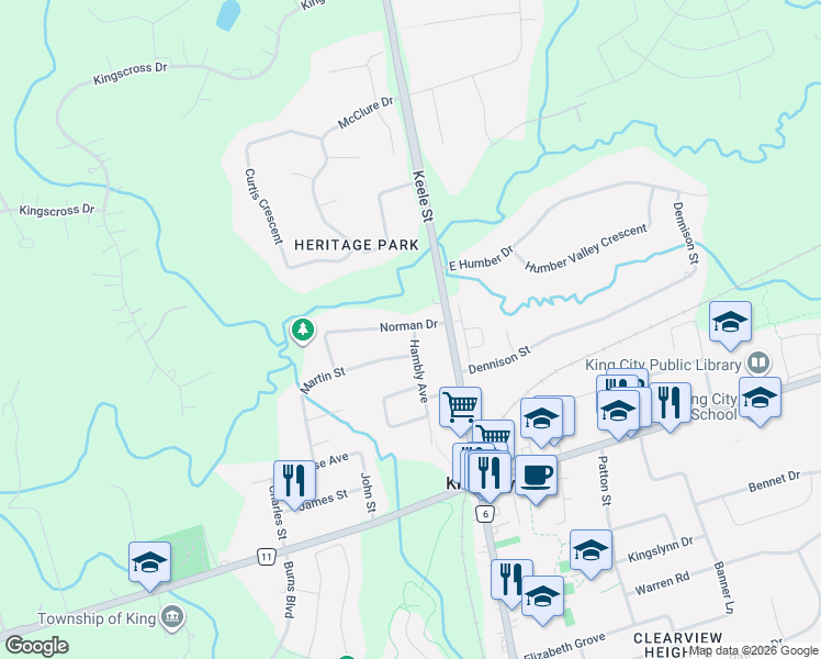 map of restaurants, bars, coffee shops, grocery stores, and more near 49 Norman Drive in King City