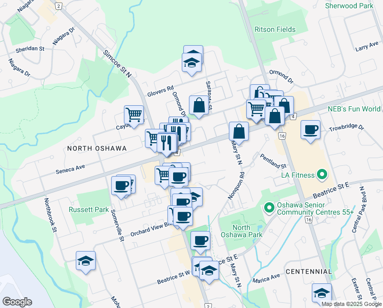 map of restaurants, bars, coffee shops, grocery stores, and more near in Oshawa