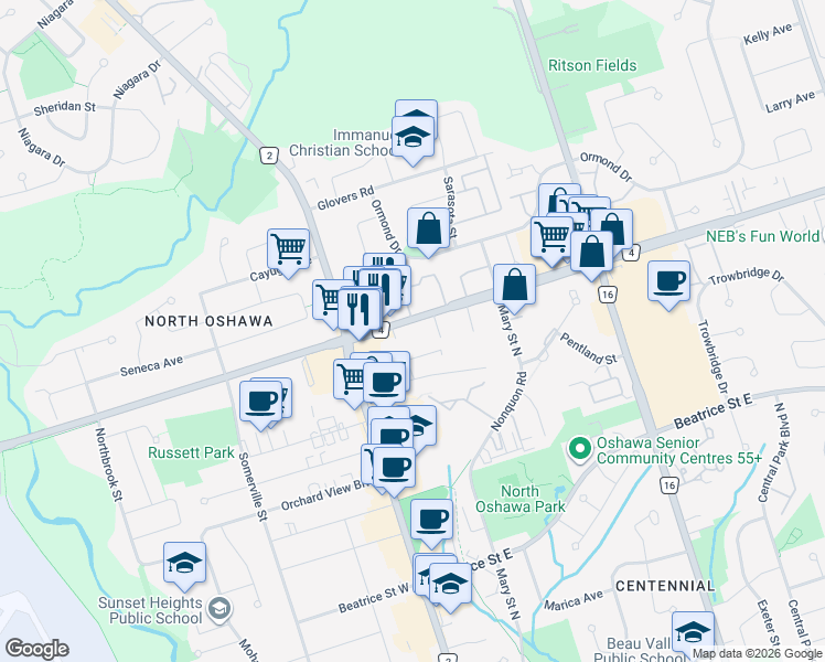 map of restaurants, bars, coffee shops, grocery stores, and more near 43 Taunton Road East in Oshawa