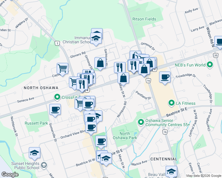 map of restaurants, bars, coffee shops, grocery stores, and more near 131 Taunton Road East in Oshawa