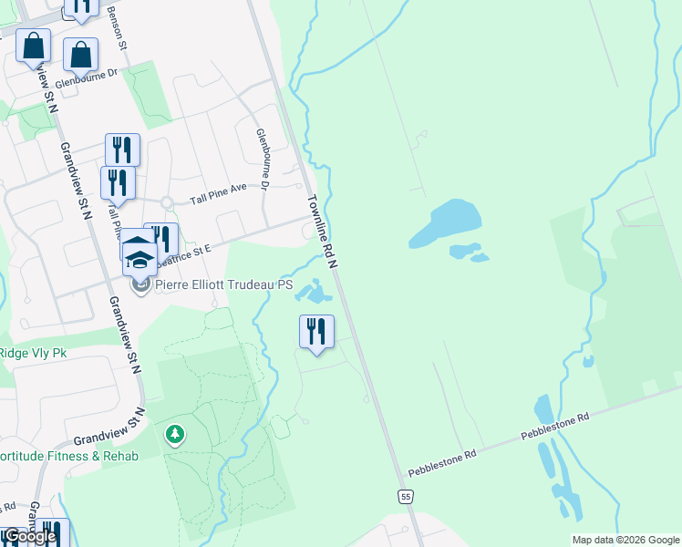 map of restaurants, bars, coffee shops, grocery stores, and more near 939 Townline Road North in Oshawa