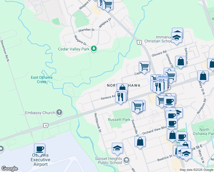 map of restaurants, bars, coffee shops, grocery stores, and more near in Oshawa