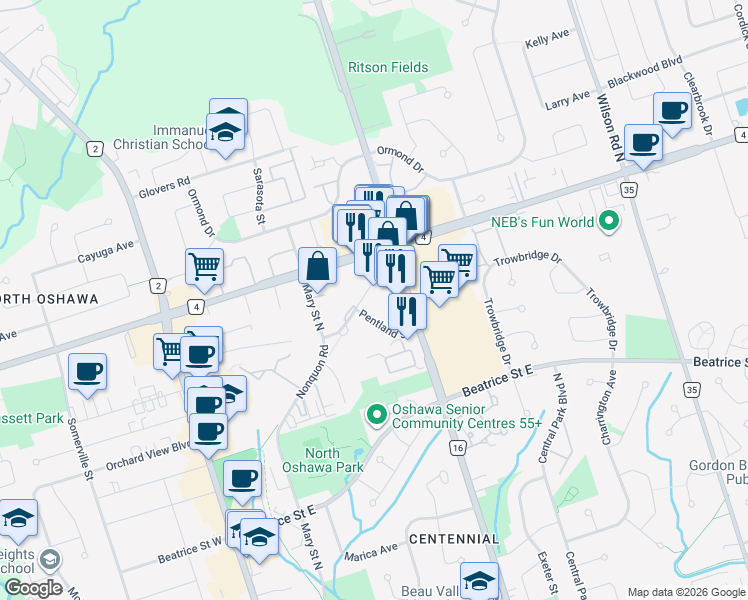 map of restaurants, bars, coffee shops, grocery stores, and more near in Oshawa
