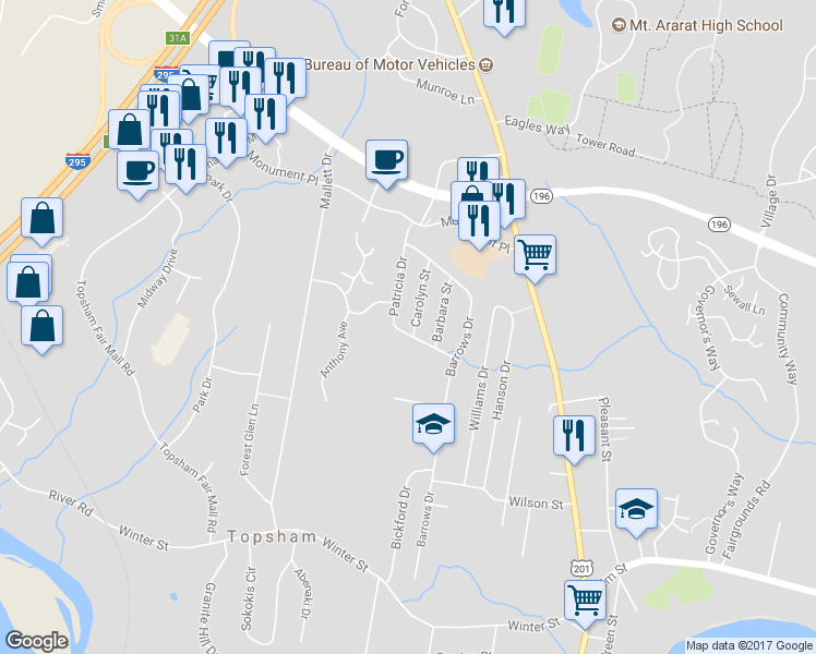 map of restaurants, bars, coffee shops, grocery stores, and more near 2 Carolyn Street in Topsham