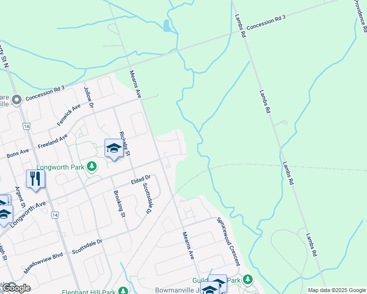 map of restaurants, bars, coffee shops, grocery stores, and more near 15 Crough Street in Bowmanville