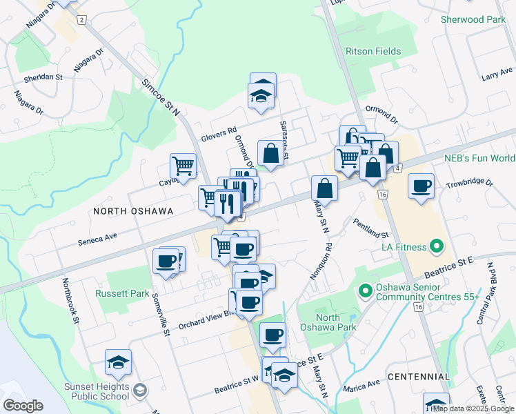 map of restaurants, bars, coffee shops, grocery stores, and more near 100 Taunton Road East in Oshawa