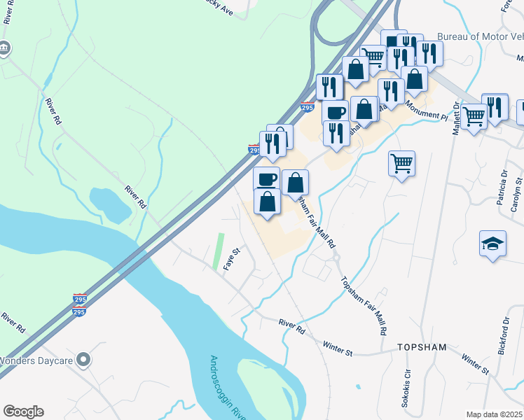map of restaurants, bars, coffee shops, grocery stores, and more near 125 Topsham Fair Mall Road in Topsham