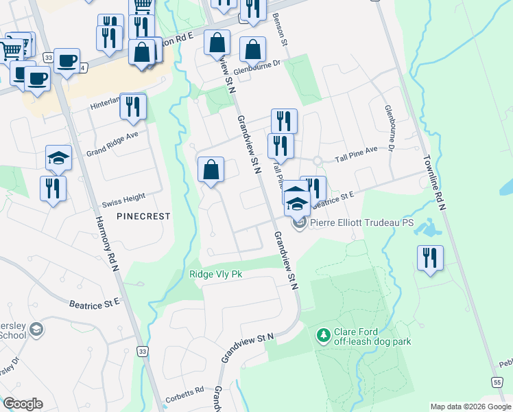 map of restaurants, bars, coffee shops, grocery stores, and more near Summitview Crescent in Oshawa