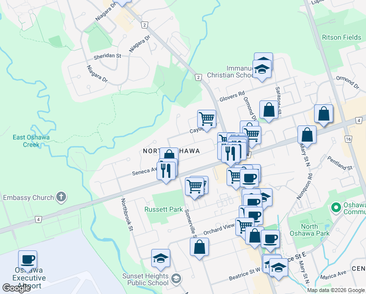 map of restaurants, bars, coffee shops, grocery stores, and more near Iroquois Avenue in Oshawa
